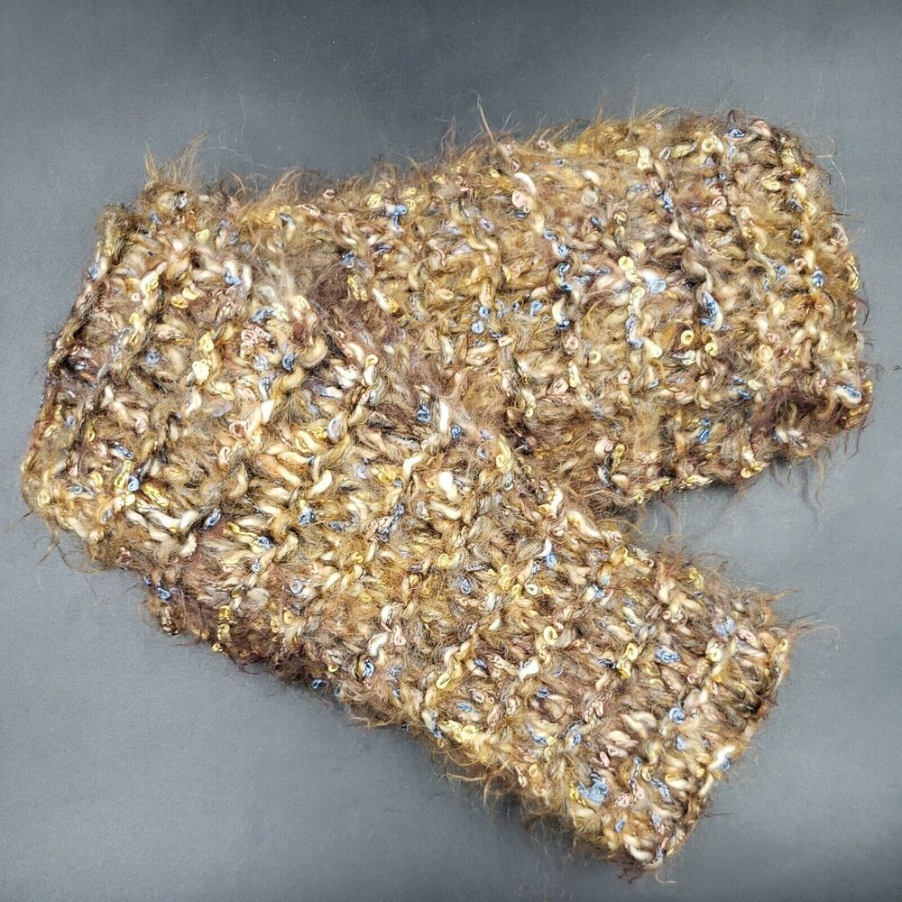 Handmade Knit Scarf Brown Blue Gold Soft Fluffy Boho Hippy Accessory Glitz Boa